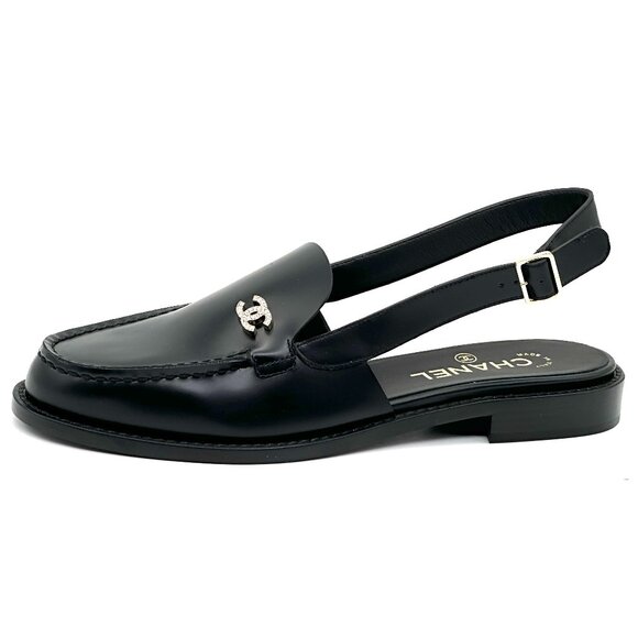 CHANEL REV Crystal CC Logo Leather Slingback Flat Loafers Shoes Sandals - Picture 2 of 16